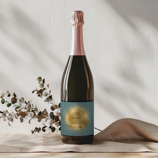 Pastel Celestial Gold Moon Save The Date Sparkling Wine Label (Creator Uploaded)