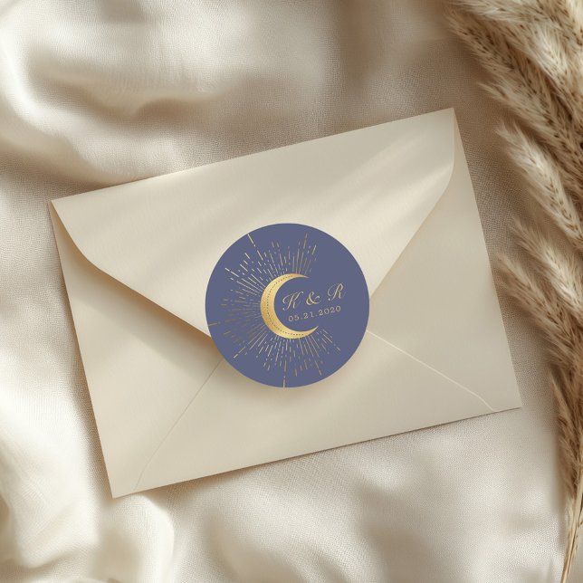 Pastel Celestial Gold Moon Wedding Classic Round Sticker (Creator Uploaded)