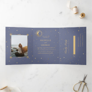Pastel Celestial Gold Tri-Fold Wedding Invitation