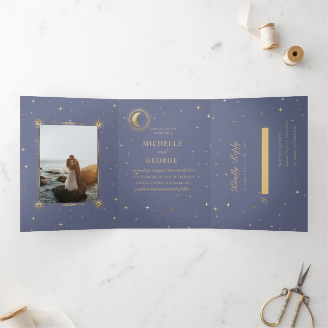 Pastel Celestial Gold Tri-Fold Wedding Invitation (Inside)