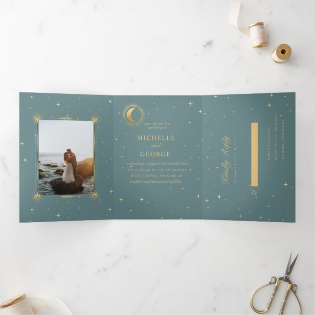 Pastel Celestial Gold Tri-Fold Wedding Invitation (Inside)