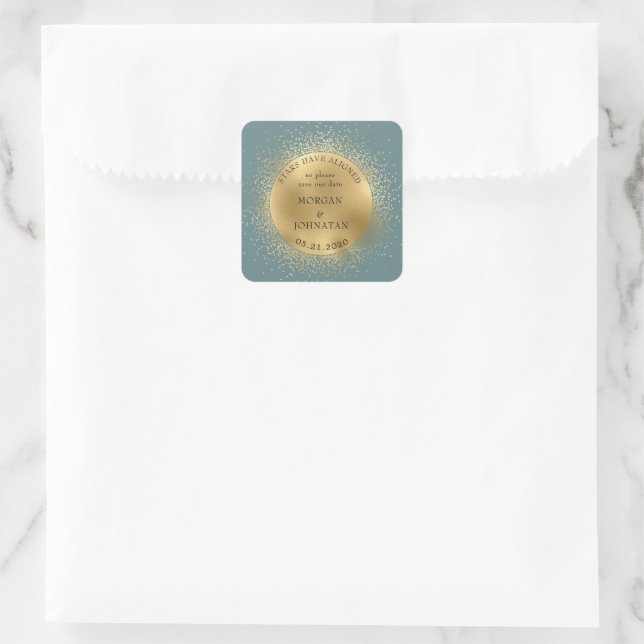 Pastel Celestial Midnight Gold Moon Save The Date Square Sticker (Bag)