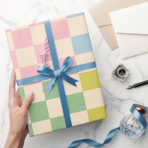 Pastel Chequered Check Pattern Pink Blue Green Wrapping Paper