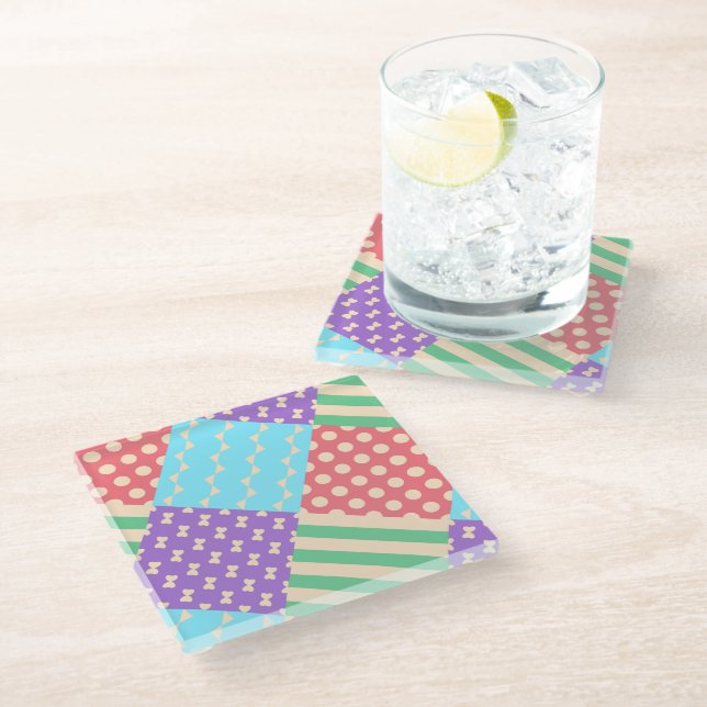 Pastel Chequered Stripe Bow Polkadot Geometric Glass Coaster (Angled)