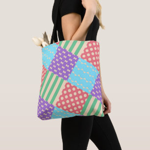 Pastel Chequered Stripe Bow Polkadot Geometric Tote Bag
