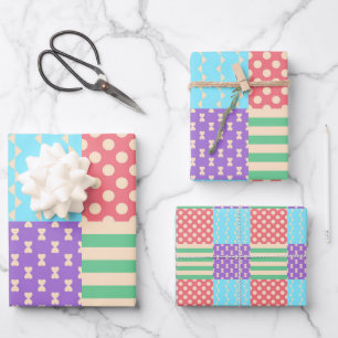 Pastel Chequered Stripe Bow Polkadot Geometric Wrapping Paper Sheet