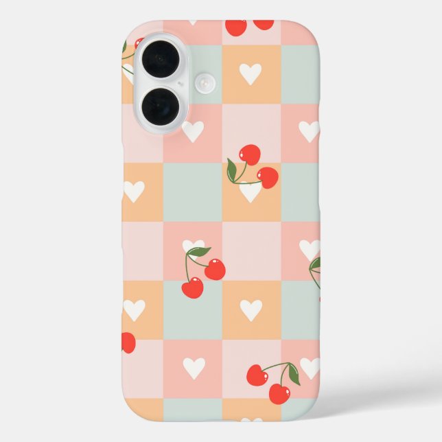 Pastel Cherry and Heart Chequered Pattern Case-Mate iPhone Case (Back)