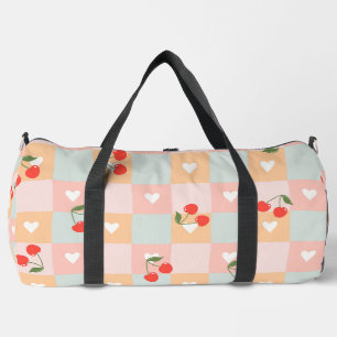 Pastel Cherry and Heart Chequered Pattern Duffle Bag