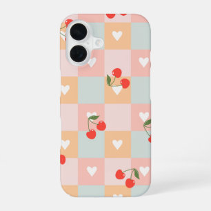 Pastel Cherry and Heart Chequered Pattern iPhone 16 Case