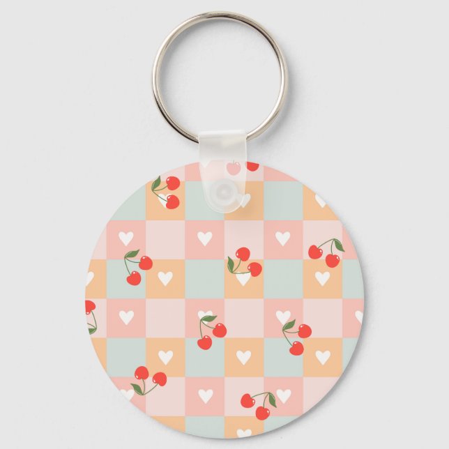 Pastel Cherry and Heart Chequered Pattern Key Ring (Front)