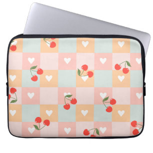 Pastel Cherry and Heart Chequered Pattern Laptop Sleeve