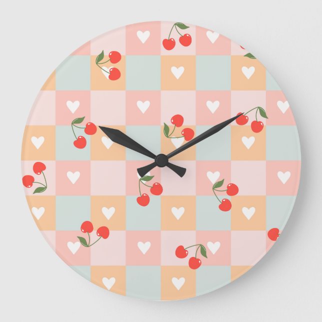 Pastel Cherry and Heart Chequered Pattern Large Clock (Front)