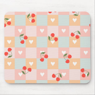 Pastel Cherry and Heart Chequered Pattern Mouse Pad