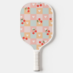 Pastel Cherry and Heart Chequered Pattern Pickleball Paddle