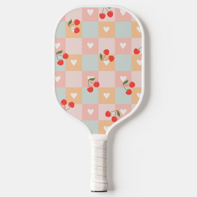 Pastel Cherry and Heart Chequered Pattern Pickleball Paddle (Front)