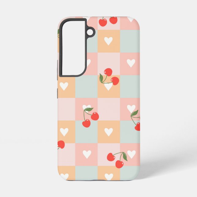 Pastel Cherry and Heart Chequered Pattern Samsung Galaxy S22 Case (Back)