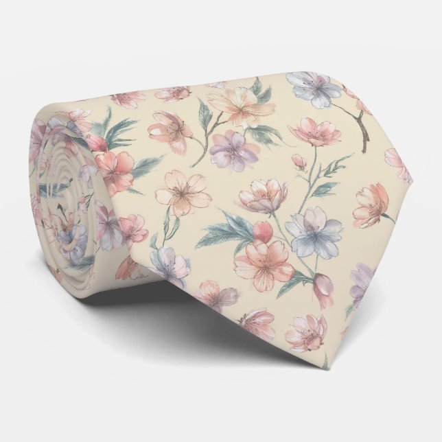 Pastel Cherry Blossom Drift Pattern Tie (Rolled)