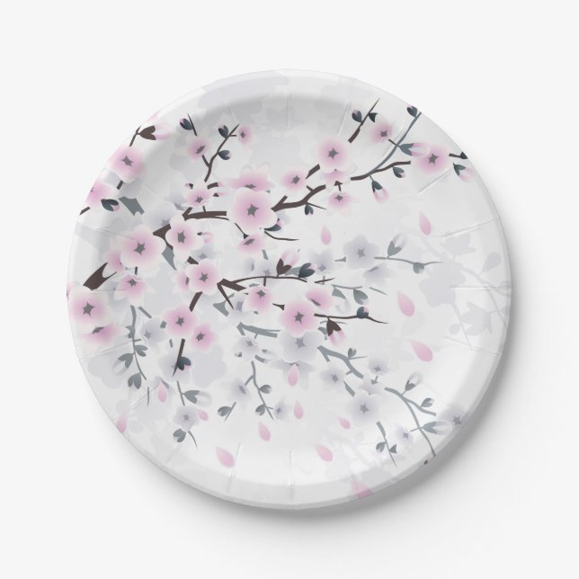 Pastel Cherry Blossom Landscape Paper Plate (Front)