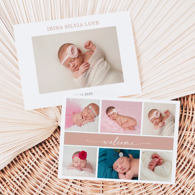 Pastel Chic Baby Photo Collage Announcement Card (Creator Uploaded)