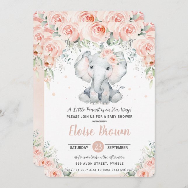 Pastel Chic Blush Floral Elephant Baby Shower  Invitation (Front/Back)