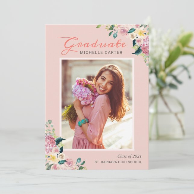 Pastel Chic Floral Blushing Girl Photo Graduation Announcement (Standing Front)