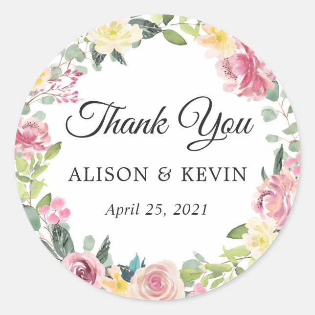 Pastel Chic Floral Wreath Wedding Favour Thank You Classic Round Sticker (Front)