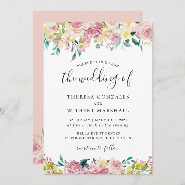 Pastel Chic Spring Blush Botanical Floral Wedding Invitation (Front/Back)