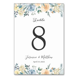 Pastel Chic Vanilla Blue Watercolor Floral Wedding Table Number