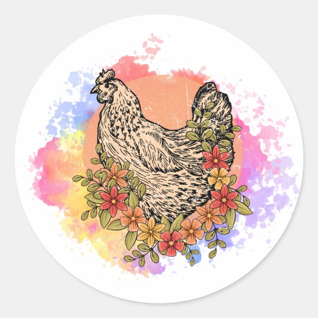 Pastel Chicken with Flowers Design Classic Round Sticker (Front)