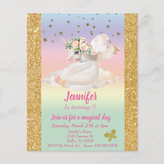 Pastel Child's Gold Unicorn Pegasus Rainbow budget (Front)