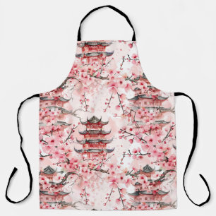 Pastel Chinese Pagoda Cherry Blossom Landscape Apron