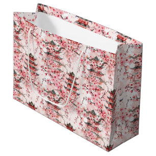 Pastel Chinese Pagoda Cherry Blossom Landscape Large Gift Bag