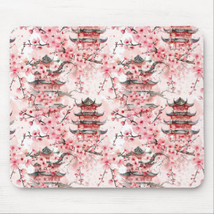 Pastel Chinese Pagoda Cherry Blossom Landscape Mouse Pad
