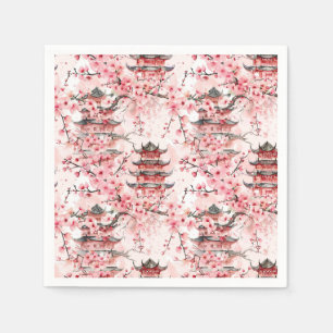 Pastel Chinese Pagoda Cherry Blossom Landscape Napkin