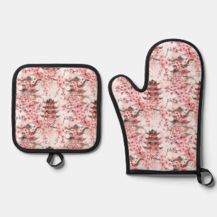 Pastel Chinese Pagoda Cherry Blossom Landscape Oven Mitt & Pot Holder Set