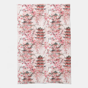 Pastel Chinese Pagoda Cherry Blossom Landscape Tea Towel