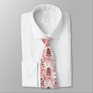 Pastel Chinese Pagoda Cherry Blossom Landscape Tie