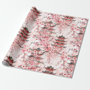 Pastel Chinese Pagoda Cherry Blossom Landscape Wrapping Paper
