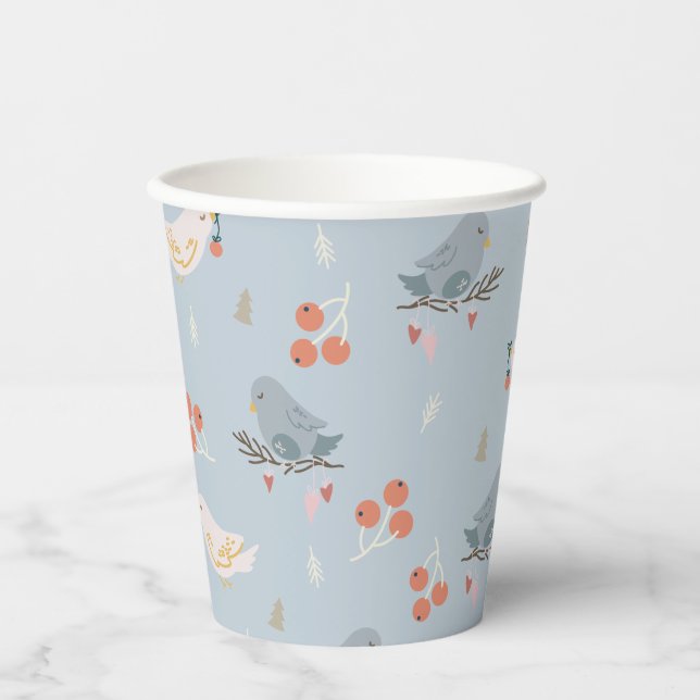 Pastel Christmas Birds Seamless Pattern Paper Cups (Front)