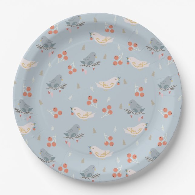 Pastel Christmas Birds Seamless Pattern Paper Plate (Front)
