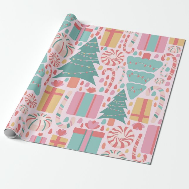 Pastel Christmas Cheer Seamless Pattern Wrapping Paper (Unrolled)