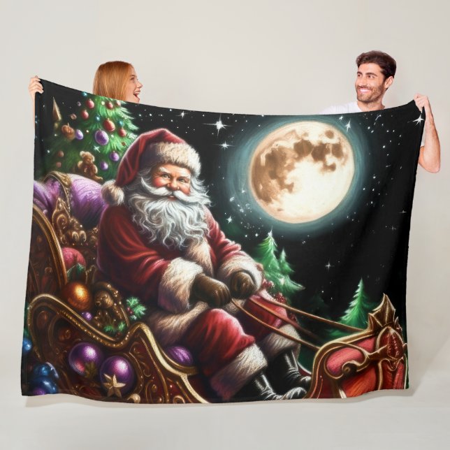 Pastel Christmas Holiday Santa Claus Sleigh Fleece Blanket (In Situ)
