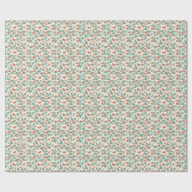 Pastel Christmas Holly & Winter Foliage Pattern Wrapping Paper (Flat)