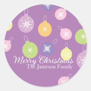Pastel Christmas Ornaments Snowflakes Violet  Classic Round Sticker