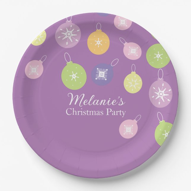 Pastel Christmas Ornaments Snowflakes Violet   Paper Plate (Front)