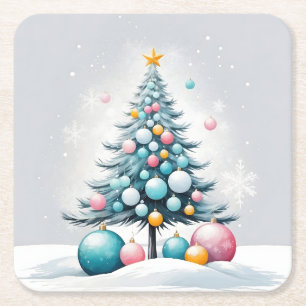 Pastel Christmas Oversized Blue Pink Ornament Square Paper Coaster