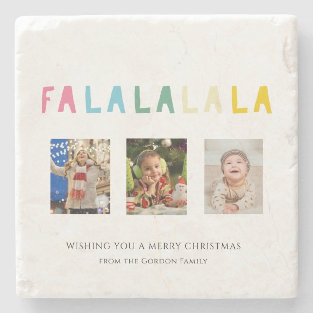 Pastel Christmas Quote Fa La La 3 Photo Collage  Stone Coaster (Front)