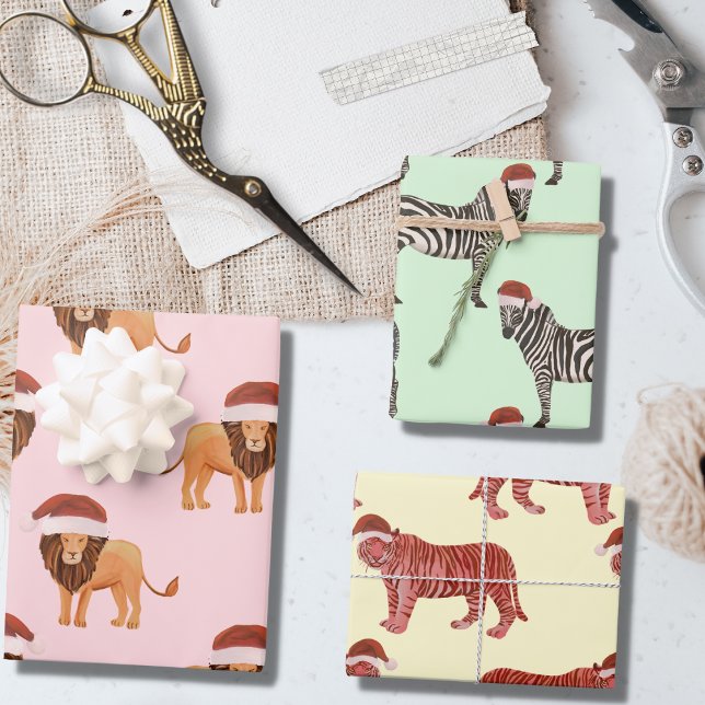 Pastel Christmas Safari Animals | Lion Zebra Tiger Wrapping Paper Sheet (Creator Uploaded)