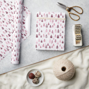 Pastel Christmas Tree Pattern Burgundy and Silver Wrapping Paper