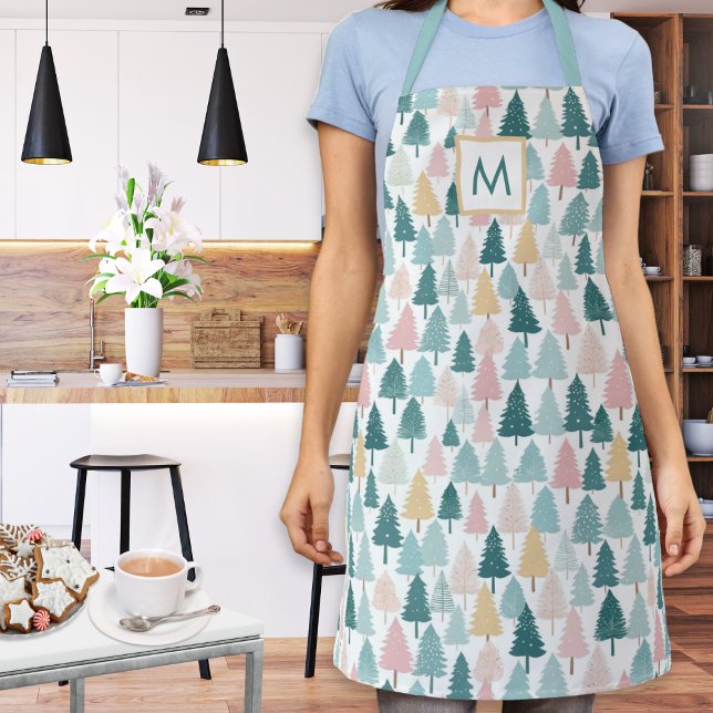 Pastel Christmas Trees Pattern Monogrammed Kitchen Apron (A monogrammed kitchen apron with festive Christmas trees pattern in teal, pink, yellow and white)